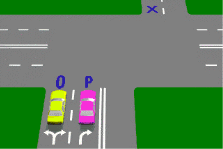 If both vehicles P and O in the diagram are turning right, which vehicle is in the best position to turn left into the street marked 'X'? - If both vehicles P and O in the diagram are turning right, which vehicle is in the best position to turn left into the street marked 'X'?